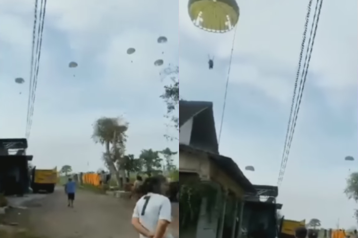 Heboh! Seorang Penerjun Payung TNI Melenceng dan Mendarat di Atas Atap Rumah Warga Blitar