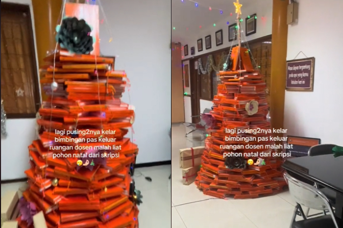 Di Luar Nalar, Mahasiswa Ini Kaget Lihat Pohon Natal Terbuat dari Tumpukan Skripsi