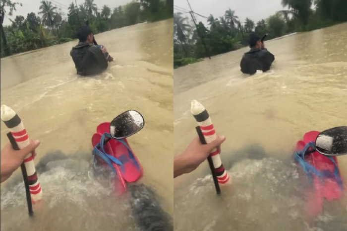 Viral! Pengendara Motor Supra Nekat Terobos Banjir Meski Hampir Tenggelam, Netizen: Honda Selam