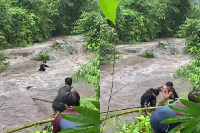 Aksi Heroik Sekelompok Pria, Bantu Temannya di Tengah Sungai Deras di Lombok Tengah NTB, Netizen: Respect!