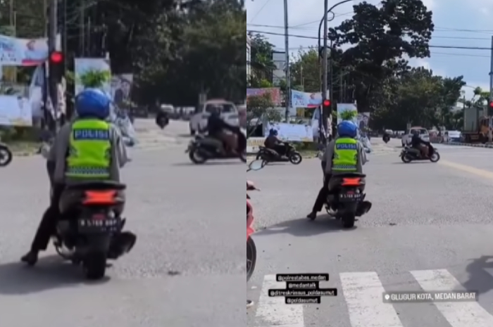 Ironis, Pengendara Motor Berpakaian Polisi di Medan Terobos Lampu Merah, Netizen: Siapa yang Tilang?