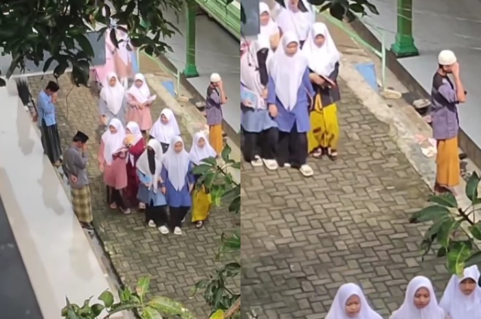 Momen Santri Ponpes Tertunduk Jaga Pandangan saat Santriwati Lewat di Hadapan Mereka, Warganet: Keren Bro