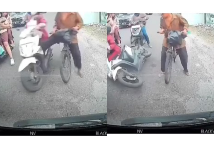 Detik-Detik Pria Bersepeda Ontel Tendang Pemotor Wanita hingga Terjatuh, Warganet Bilang Dia ODGJ
