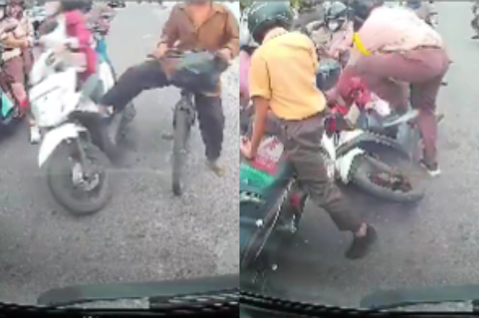 Seorang Bapak-Bapak Bersepeda Mendadak Tendang Pemotor Wanita di Jalan Lampu Merah, Netizen: Penyakit Jiwa Itu
