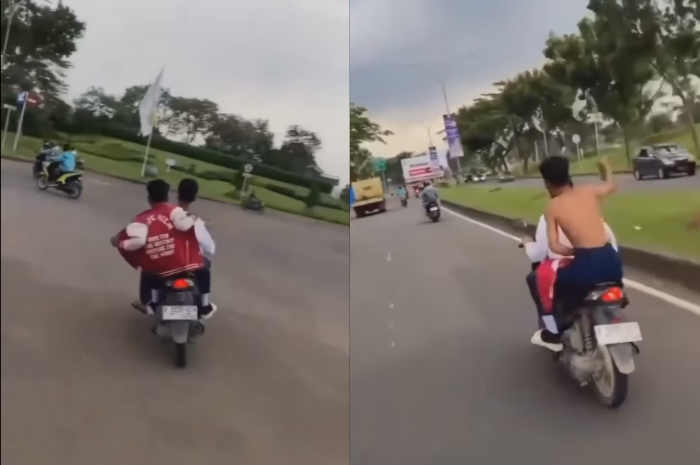 Viral! Gaya Pelajar SMP Telanjang Dada Lalu Acungkan Sajam di Motor, Netizen: Ketangkap Nangis