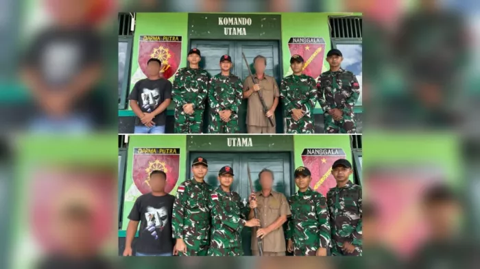 erkat Komsos Persuasif dan Humanis, Pos Kout Satgas Pamtas Yonarmed 13/Nanggala/1/1 Kostrad Terima Penyerahan Senjata Api Rakitan secara Sukarela dari Tokoh Adat Desa Bekuan Kalbar